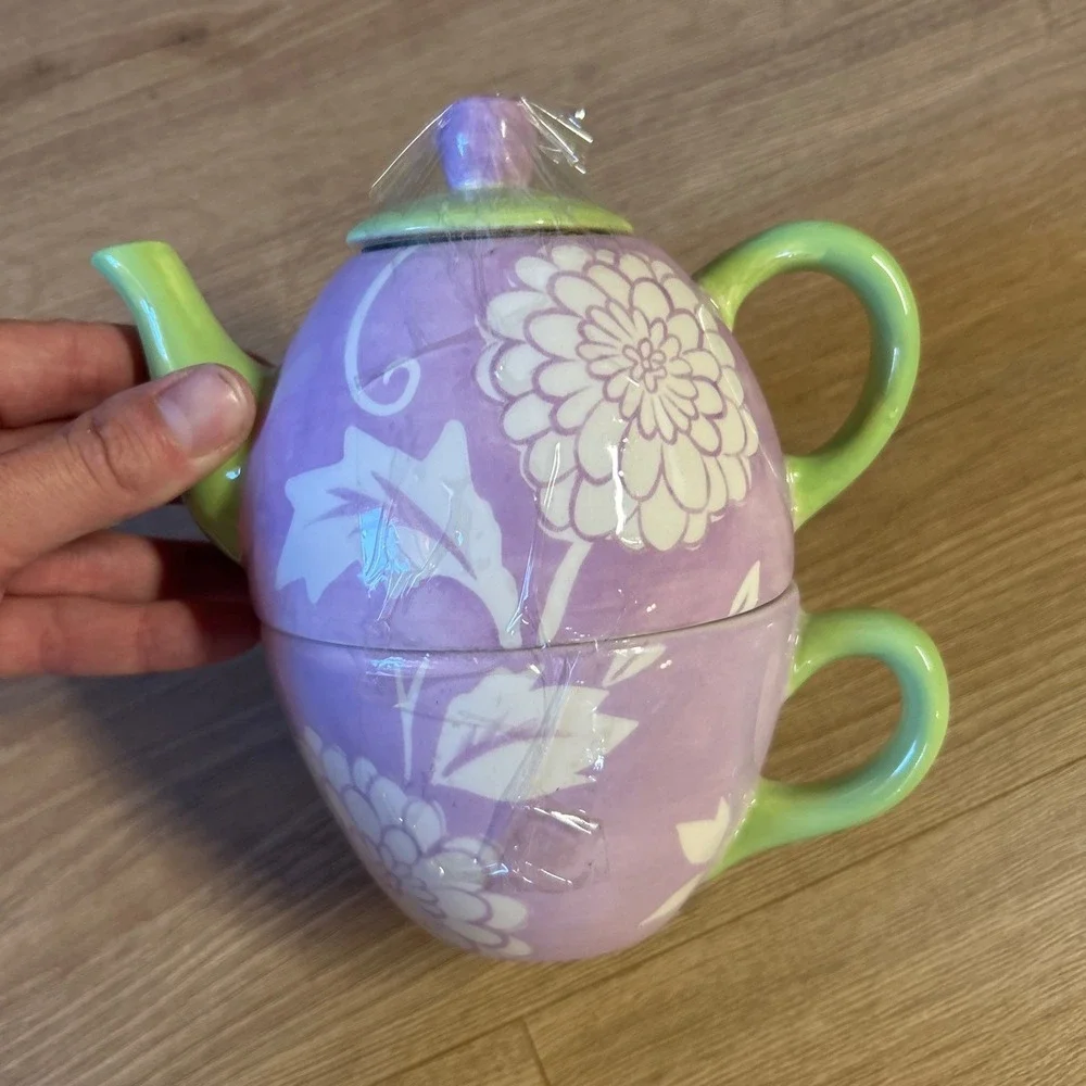 Clay Art Tea For One Stackable Ceramic Teapot and Cup Set Purple Green Floral
